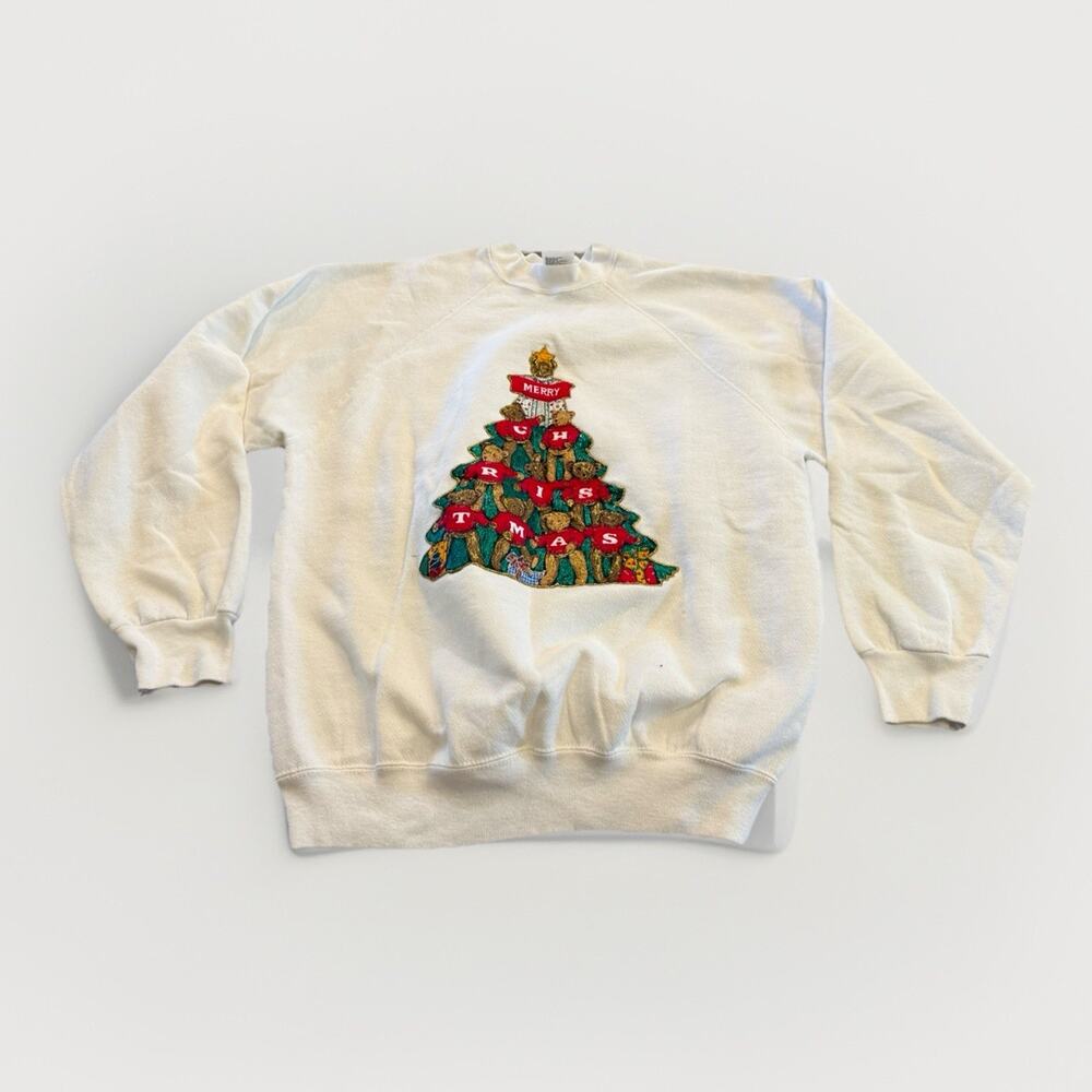 Vintage 90s Tultex Mens White Christmas Bear Tree Long Sleeve Sweatshirt L USA